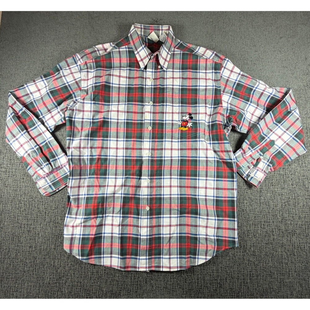 Vintage Disney Store Mickey Mouse Plaid Button Down Shirt Mens Large Red Green